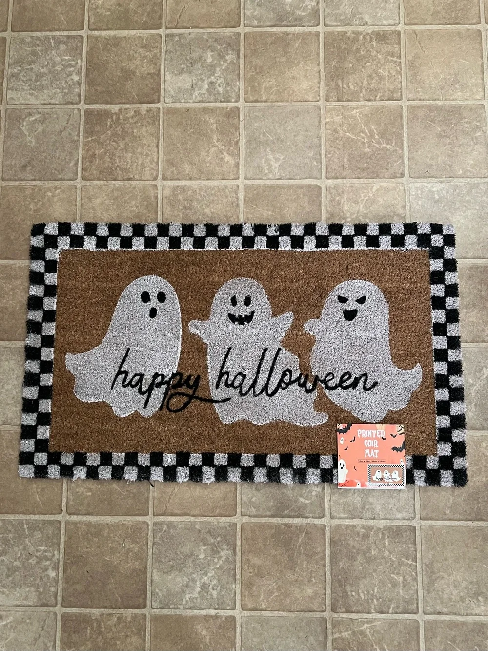 Happy Halloween Checkered Ghost Printed Coir Doormat - Black, White, Brown